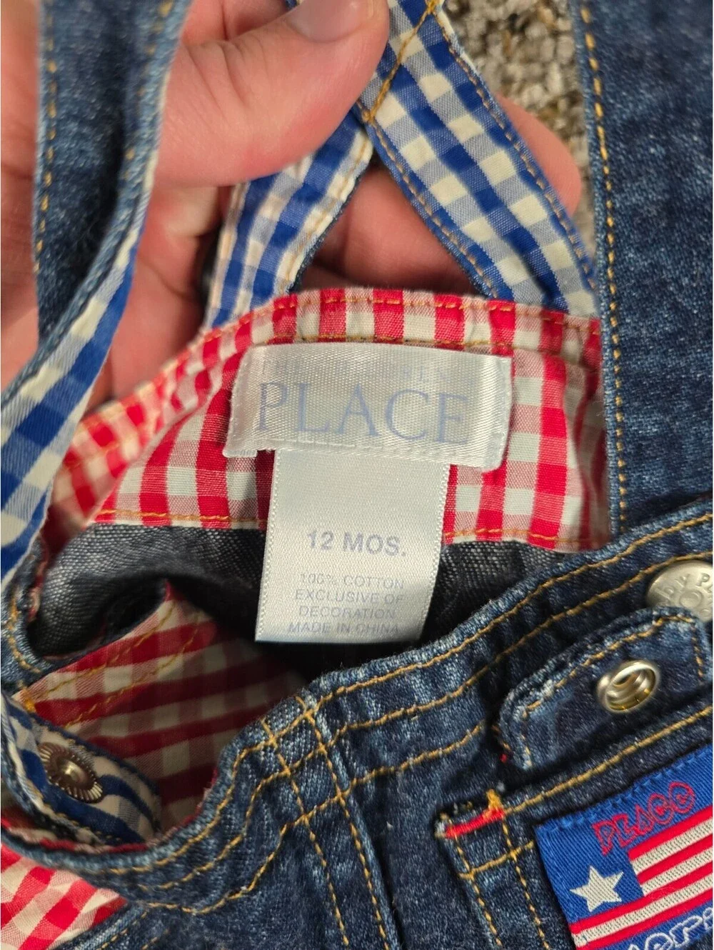 Vtg Childrens Place Baby Girls Sz 12M Denim Romper Patriotic 4th of July Flag